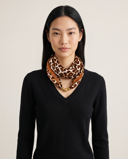 Women's Silky Leopard Neck Scarf in Brown, studio front