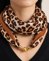 Women's Silky Leopard Neck Scarf, close-up of the leopard print and gold bead clasp