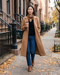 Women's Silky Leopard Neck Scarf in Brown worn on a New York brownstone street in late fall