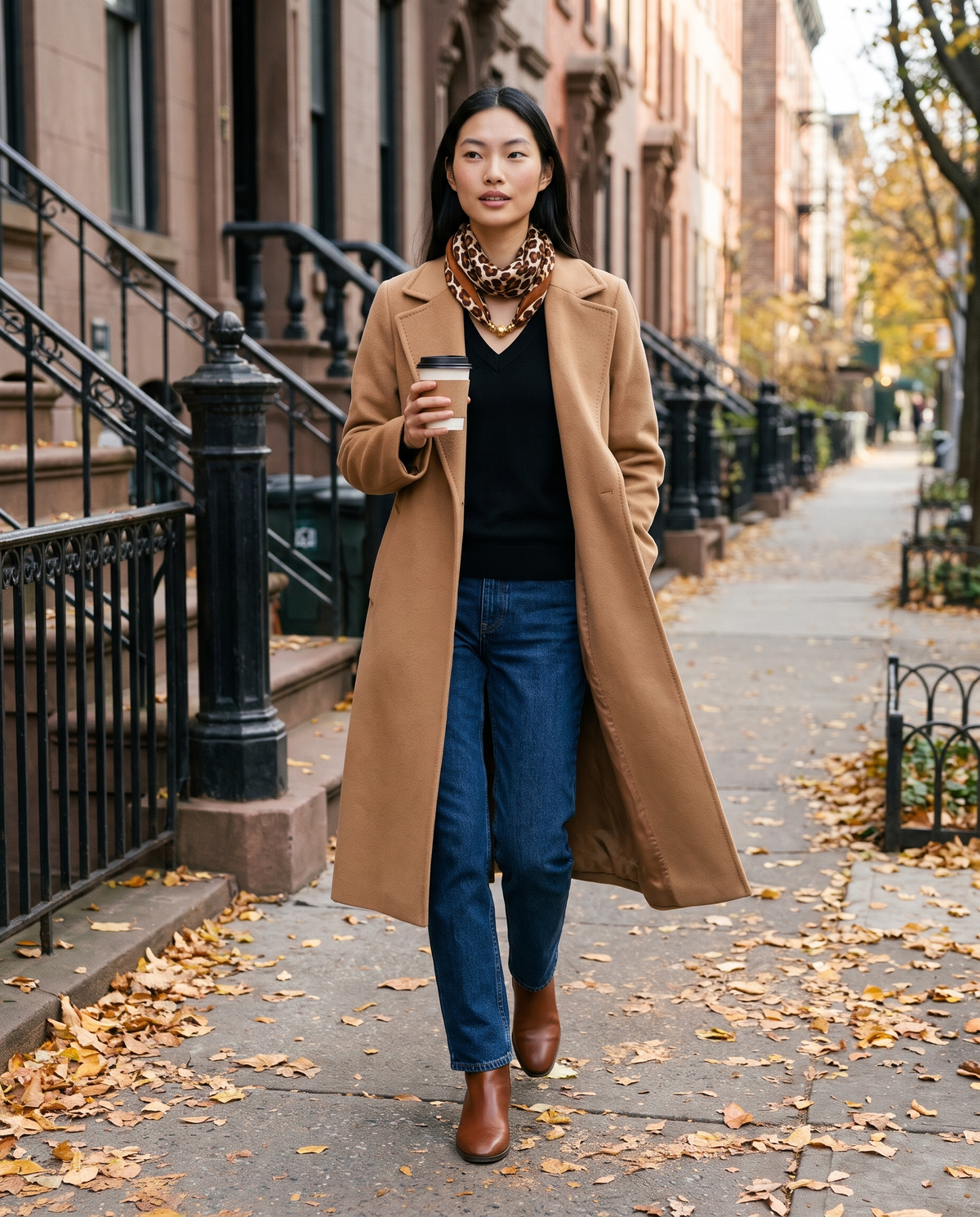 Women's Silky Leopard Neck Scarf in Brown worn on a New York brownstone street in late fall
