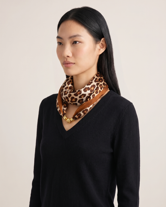 Women's Silky Leopard Neck Scarf in Brown, three-quarter view