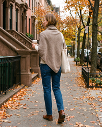 Women's Knit Triangle Shawl in Camel worn on an Upper West Side street in fall