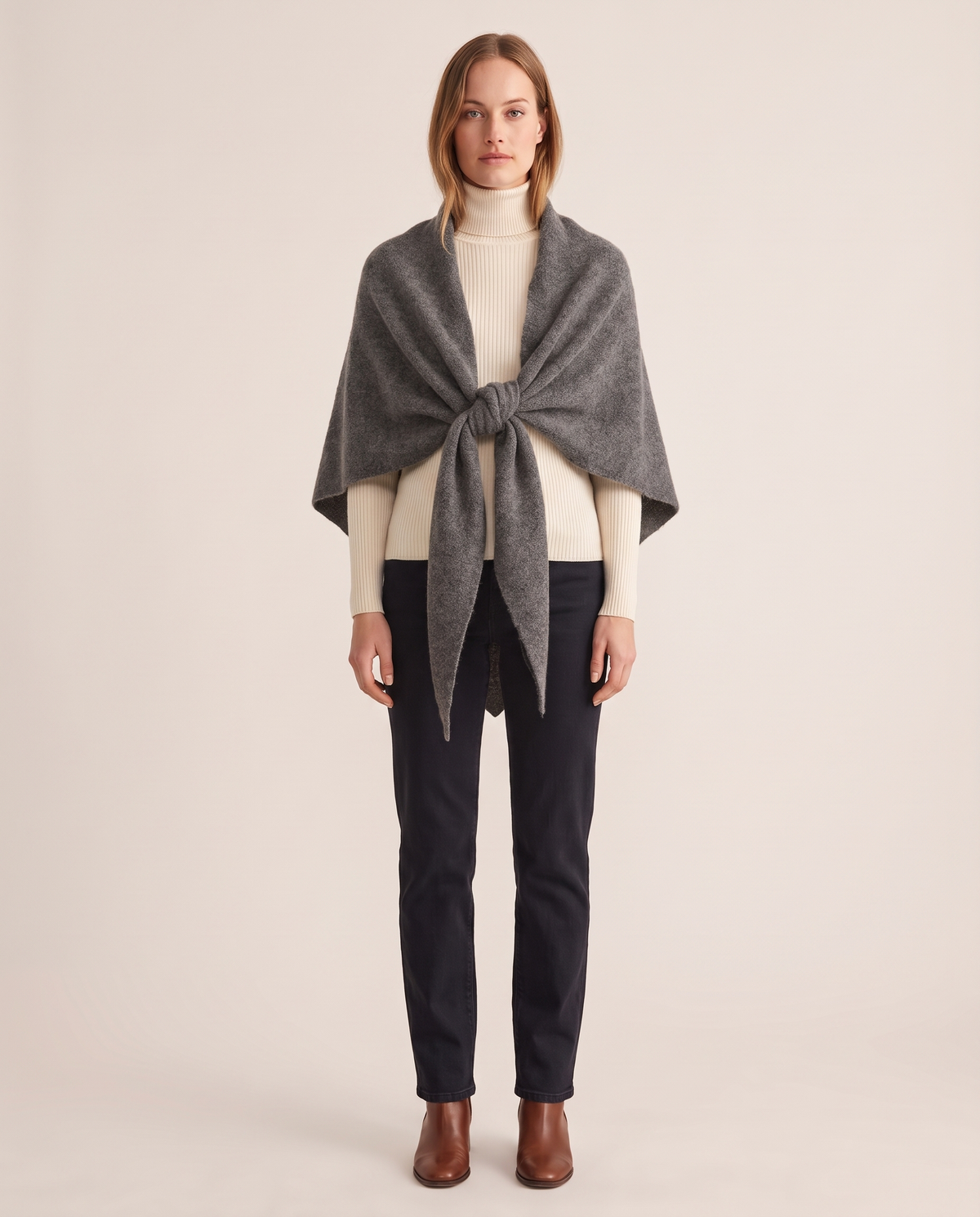 Women's Knit Triangle Shawl in Dark Grey, studio front