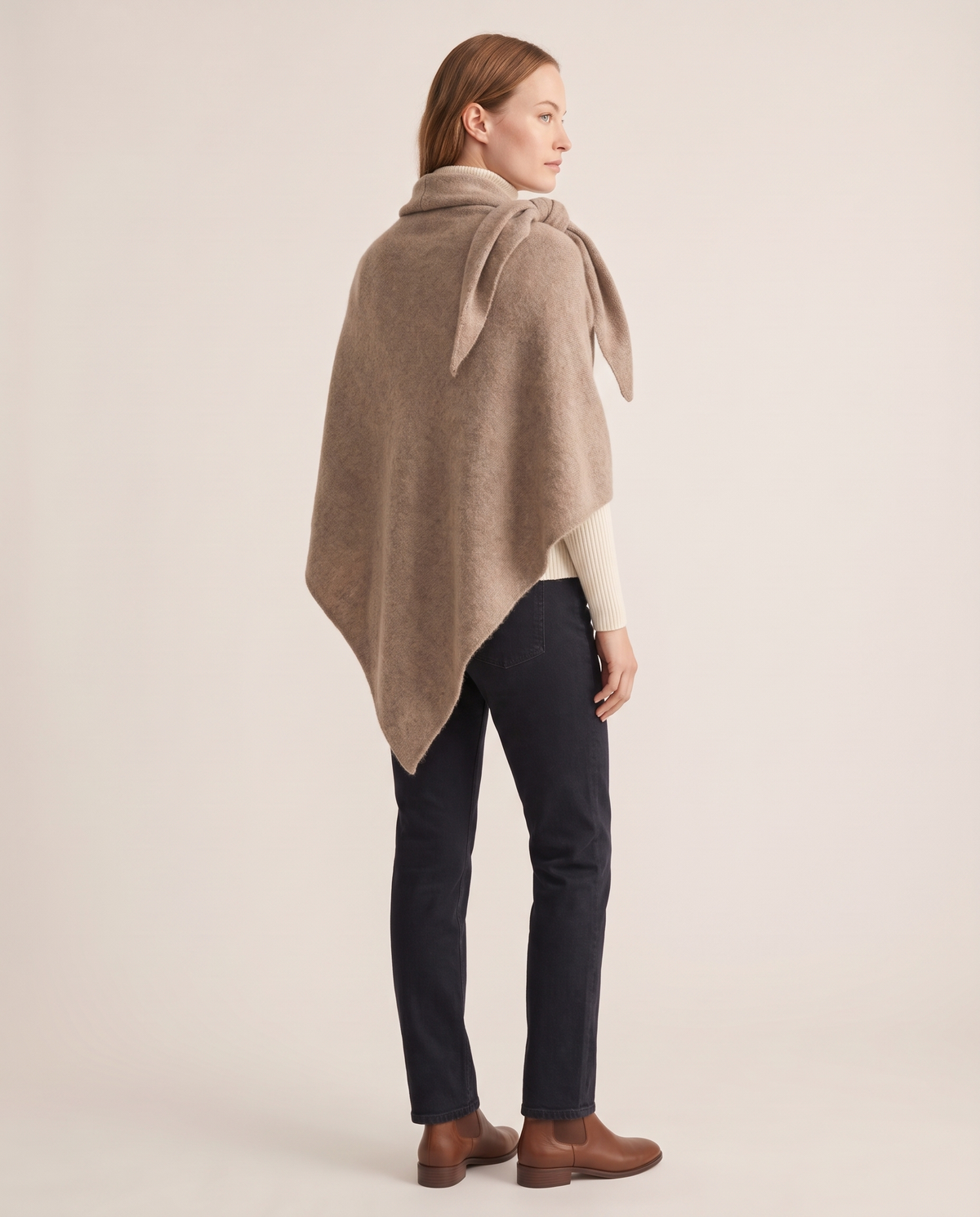 Women's Knit Triangle Shawl in Camel, three-quarter back view