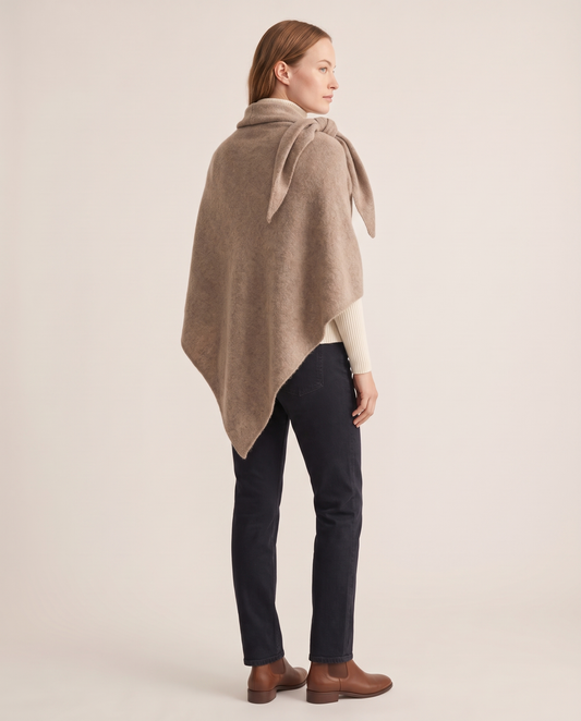 Women's Knit Triangle Shawl in Camel, three-quarter back view