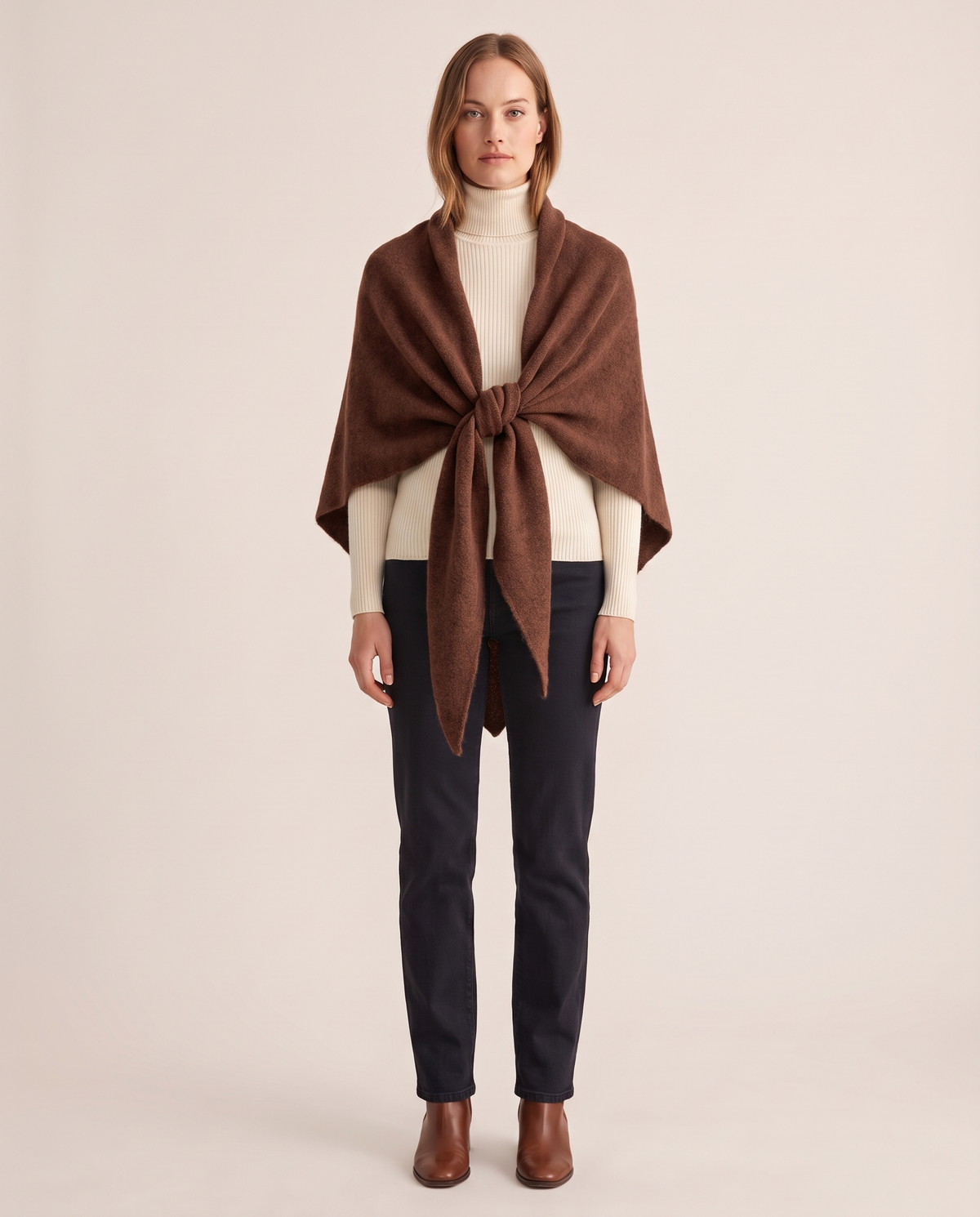 Women's Knit Triangle Shawl in Brown, studio front