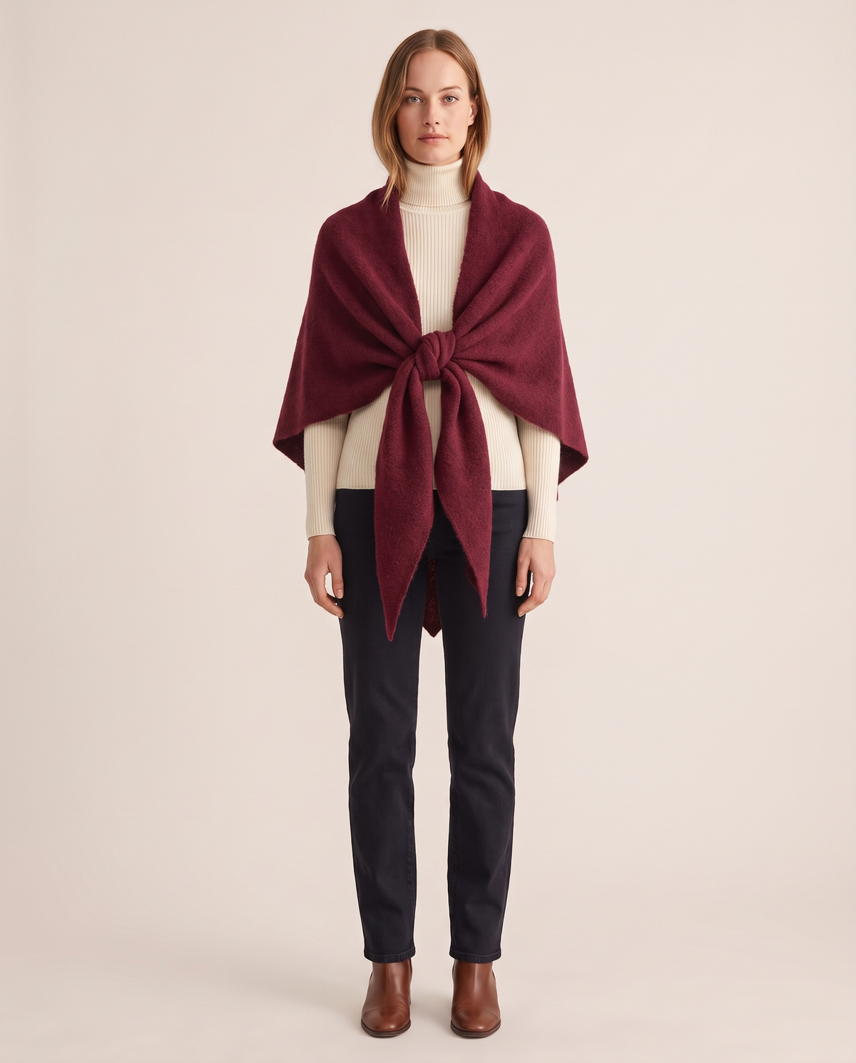 Women's Knit Triangle Shawl in Wine Red, studio front