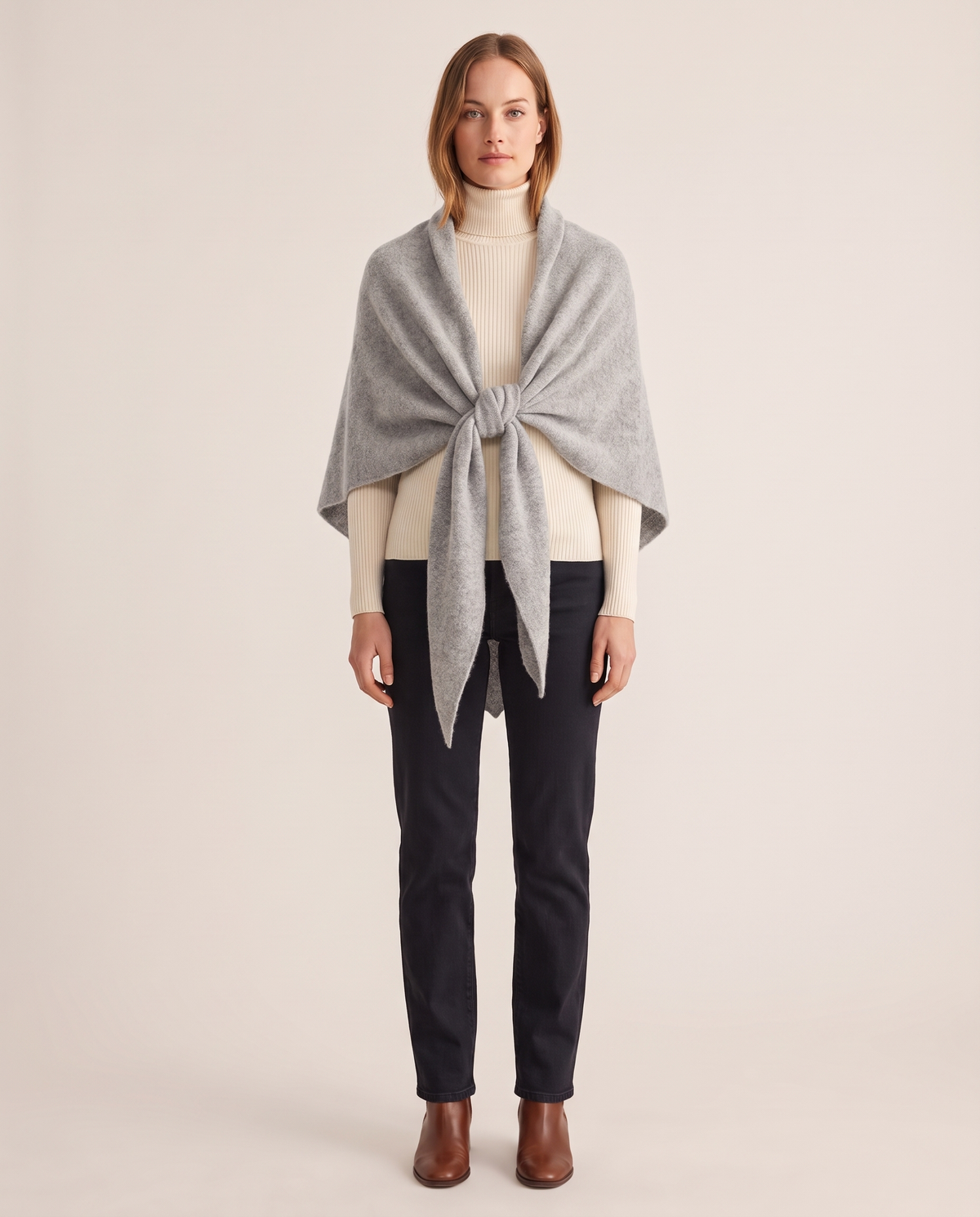 Women's Knit Triangle Shawl in Grey, studio front