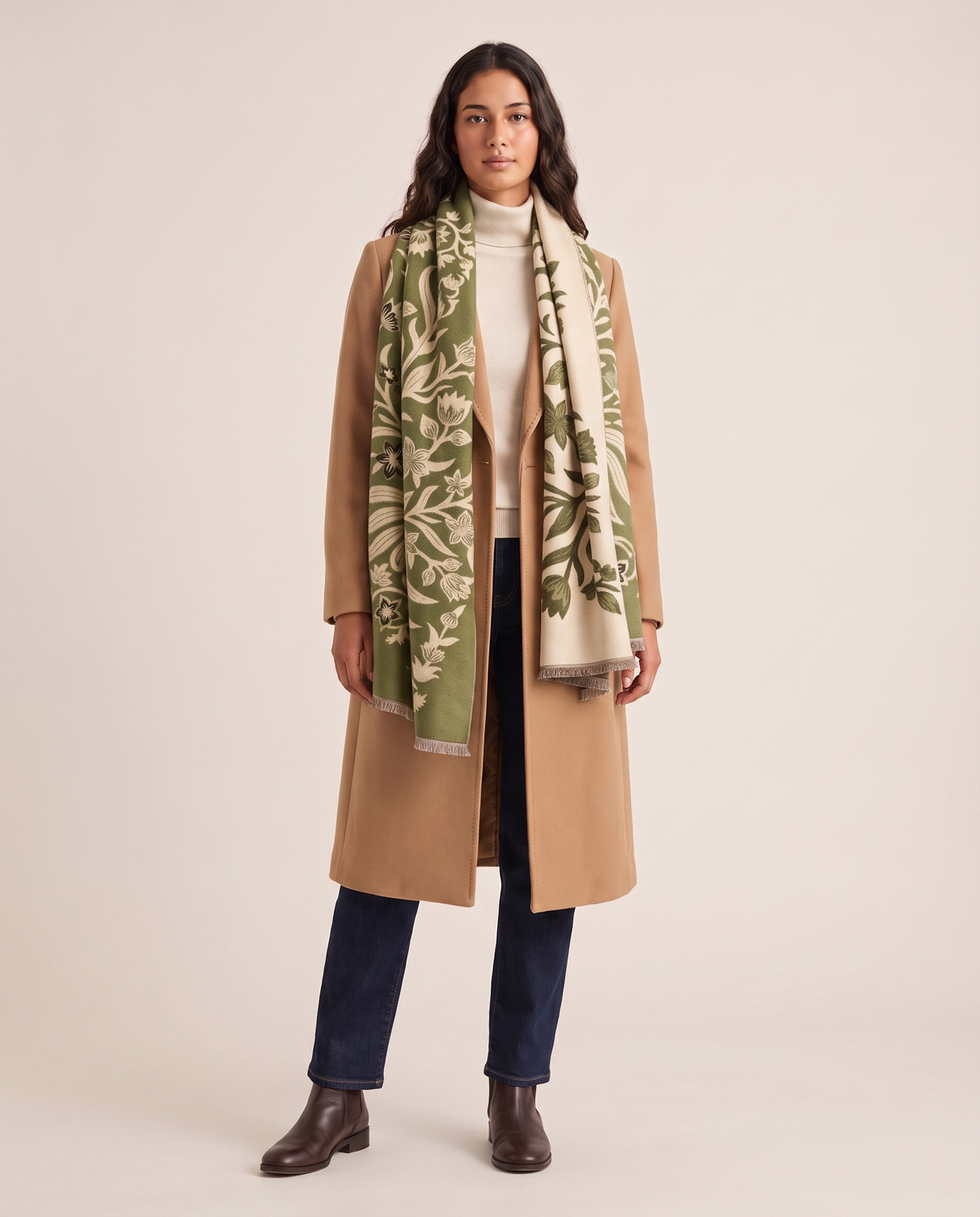Women's Reversible Botanical Blanket Scarf in Green, studio front