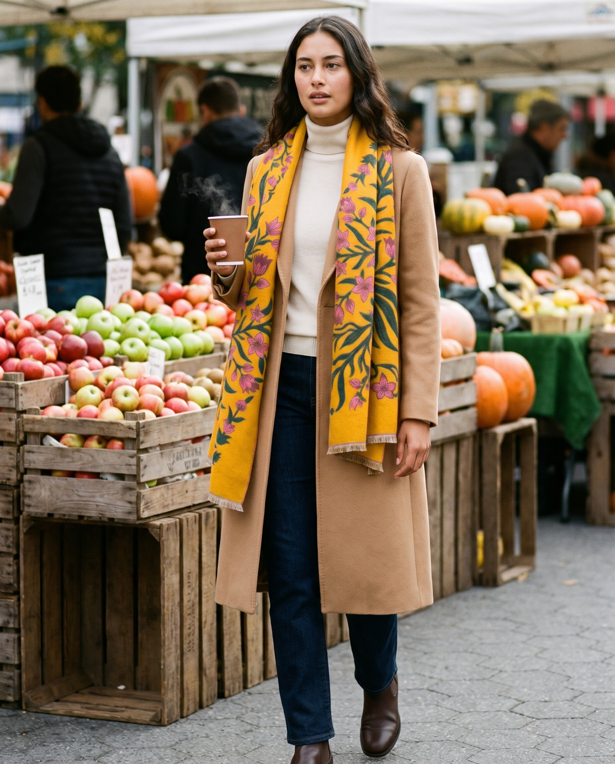 Women's Reversible Botanical Blanket Scarf in Yellow worn at a New York farmers market in fall