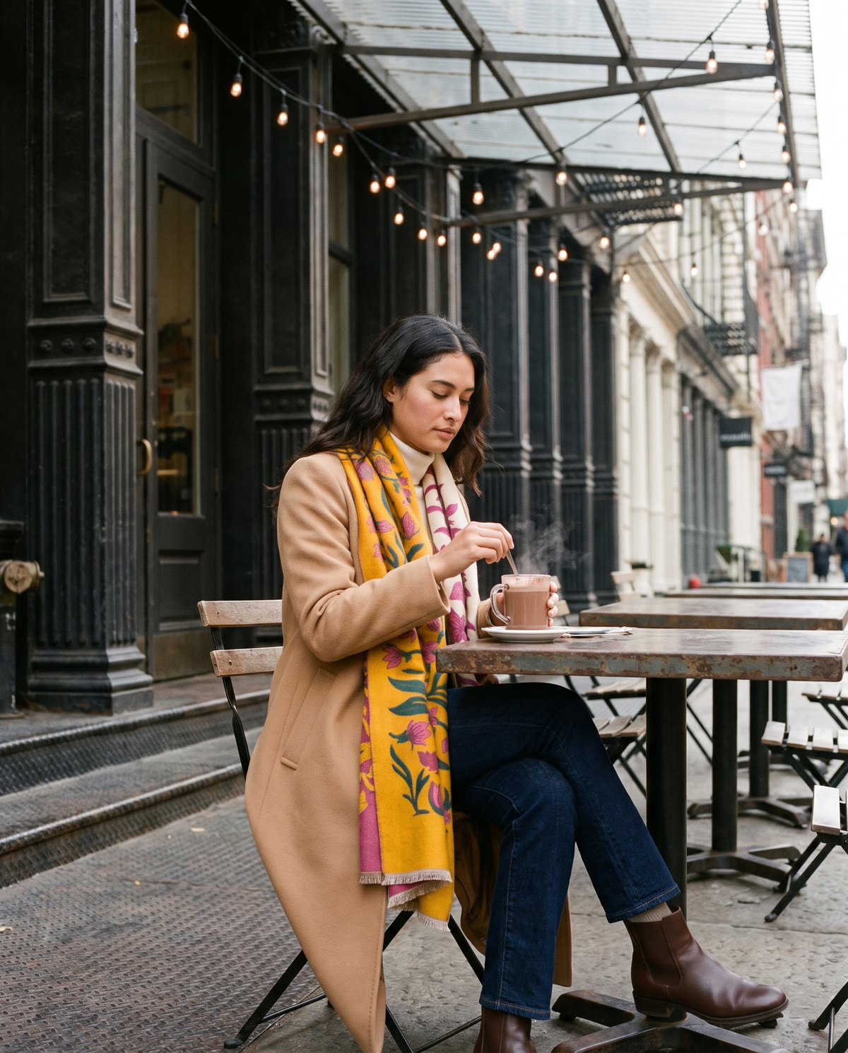 Women's Reversible Botanical Blanket Scarf in Yellow worn at a SoHo cafe terrace