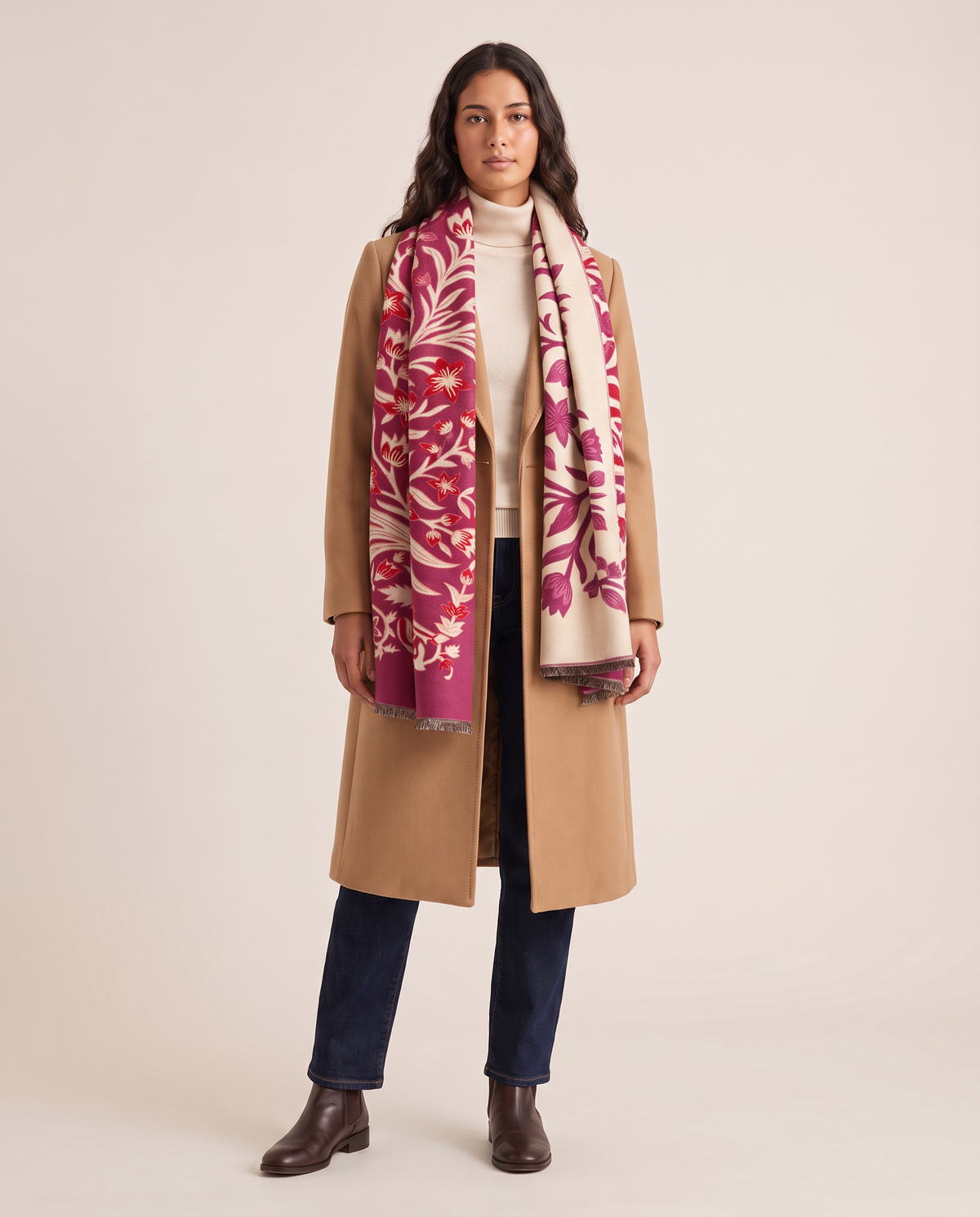 Women's Reversible Botanical Blanket Scarf in Pink, studio front