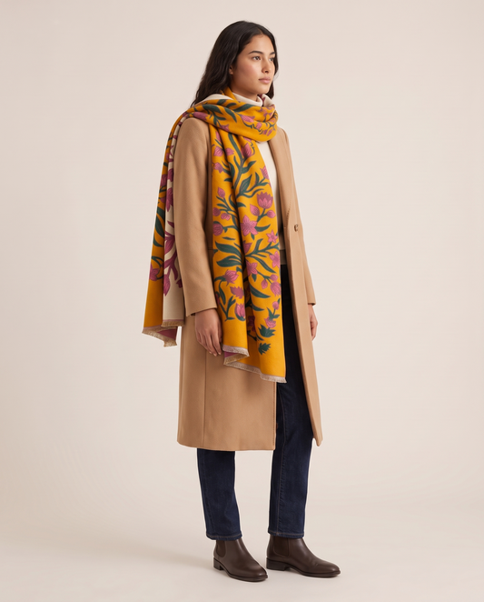 Women's Reversible Botanical Blanket Scarf in Yellow, three-quarter view