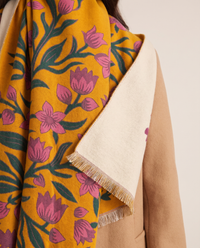 Women's Reversible Botanical Blanket Scarf in Yellow, close-up of the tulip jacquard and reverse side