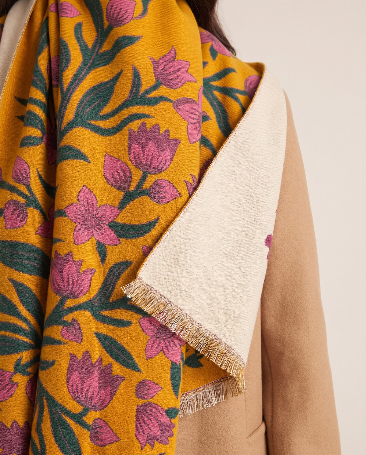Women's Reversible Botanical Blanket Scarf in Yellow, close-up of the tulip jacquard and reverse side