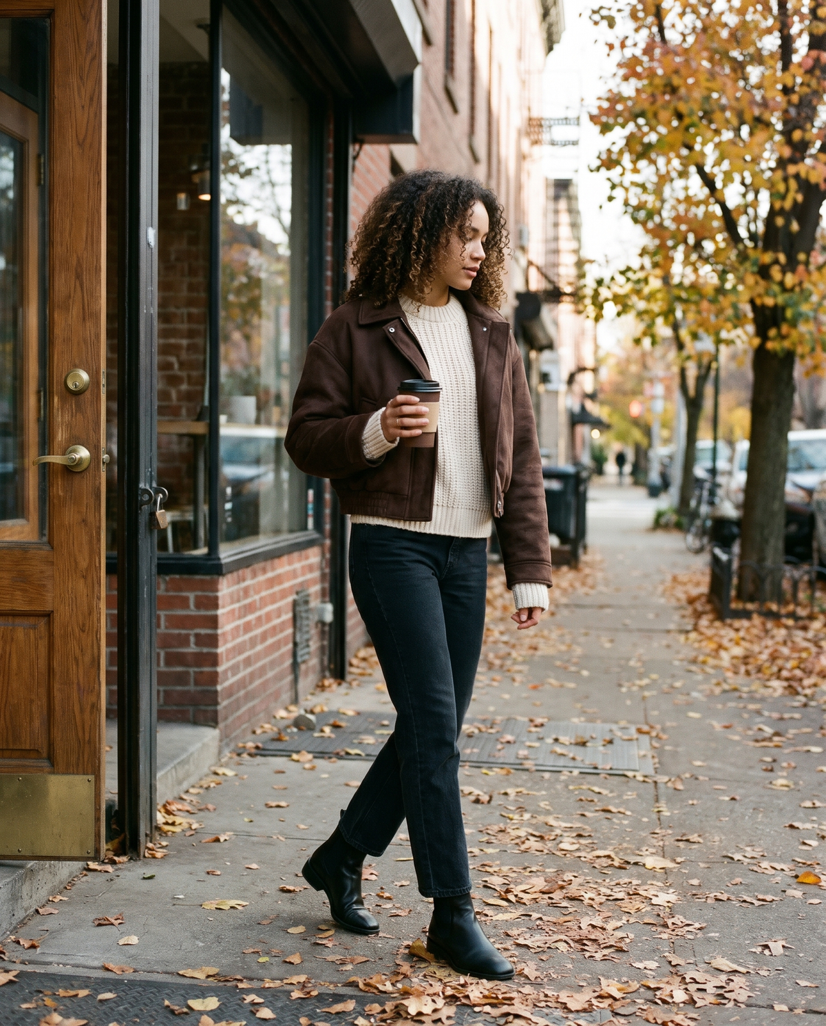 Women's Oversized Cropped Faux Suede Jacket in brown worn leaving a Brooklyn café with coffee in November