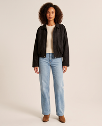 Women's Oversized Cropped Faux Suede Jacket in black — studio front