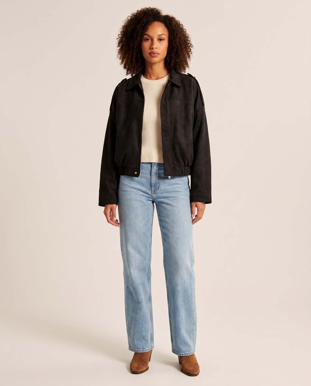 Women's Oversized Cropped Faux Suede Jacket in black — studio front