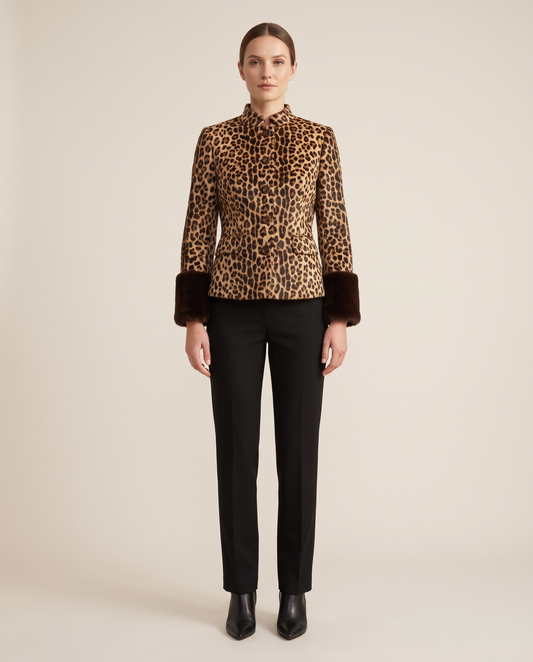 Women's Leopard Print Jacket with Faux Fur Cuffs — studio front