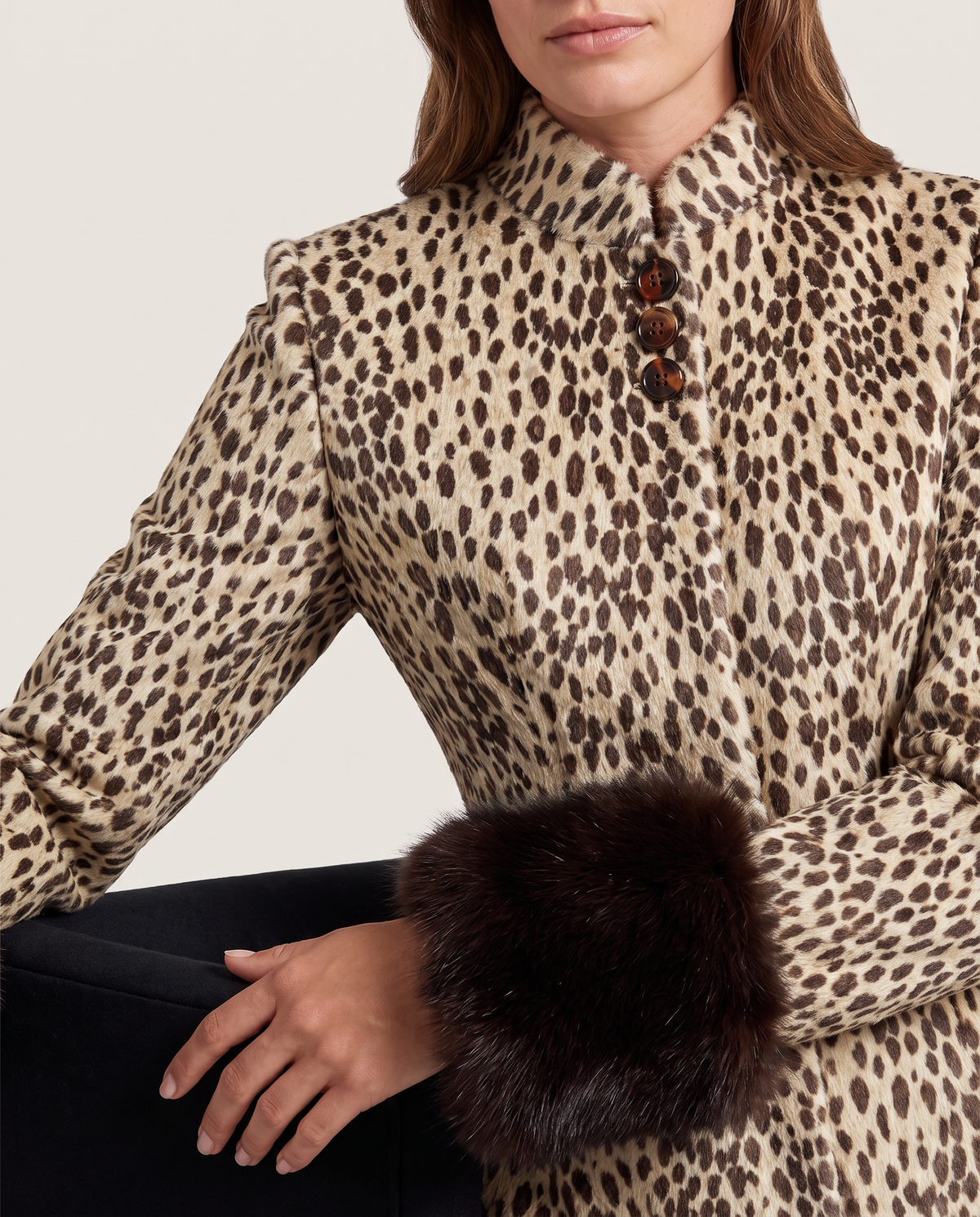Women's Leopard Print Jacket with Faux Fur Cuffs — stand collar, buttons, print and faux fur cuff detail