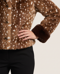 Women's Brown Fawn Print Faux Fur Jacket with Contrast Cuffs — faux fur texture, buttons and cuff detail