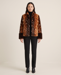Women's Brown Fawn Print Faux Fur Jacket with Contrast Cuffs — studio front