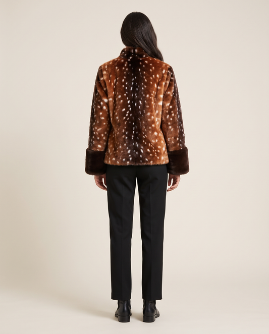 Women's Brown Fawn Print Faux Fur Jacket with Contrast Cuffs — studio back
