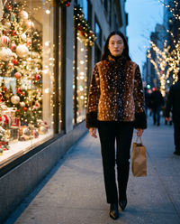 Women's Brown Fawn Print Faux Fur Jacket with Contrast Cuffs — holiday shopping past lit Manhattan store windows