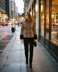 Women's Leopard Print Jacket with Faux Fur Cuffs — worn on a New York street at dusk on the way to dinner
