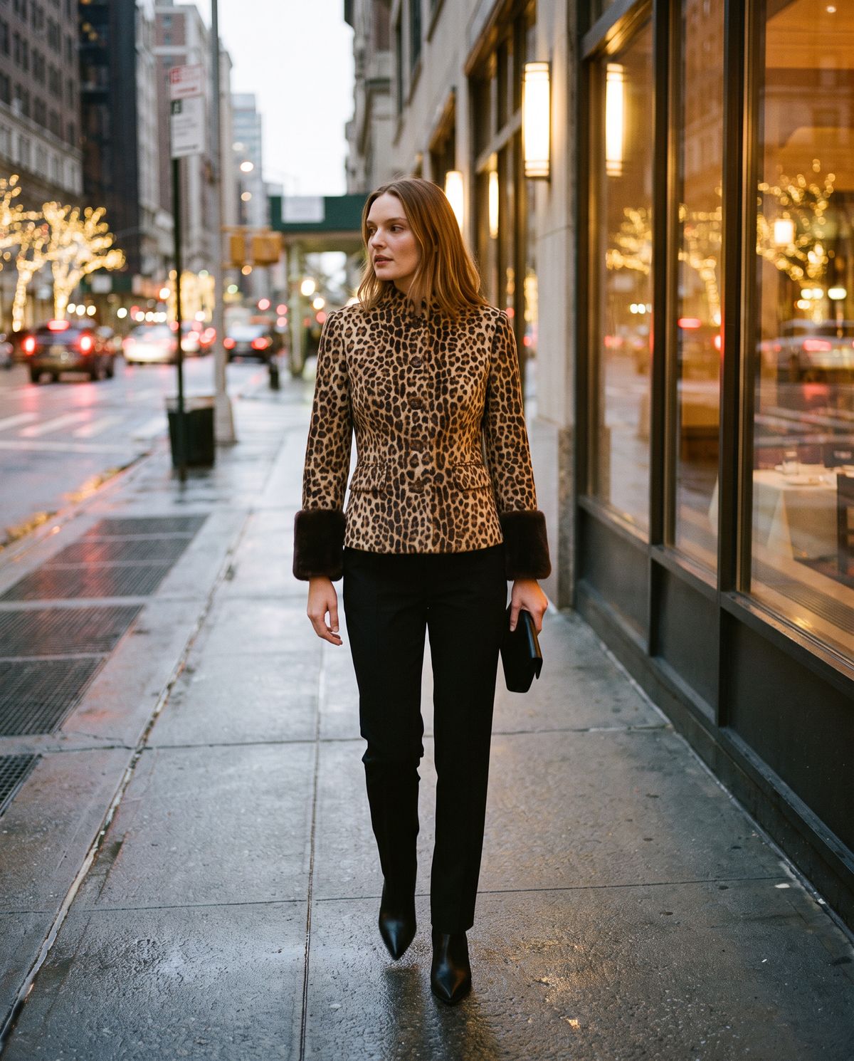 Women's Leopard Print Jacket with Faux Fur Cuffs — worn on a New York street at dusk on the way to dinner
