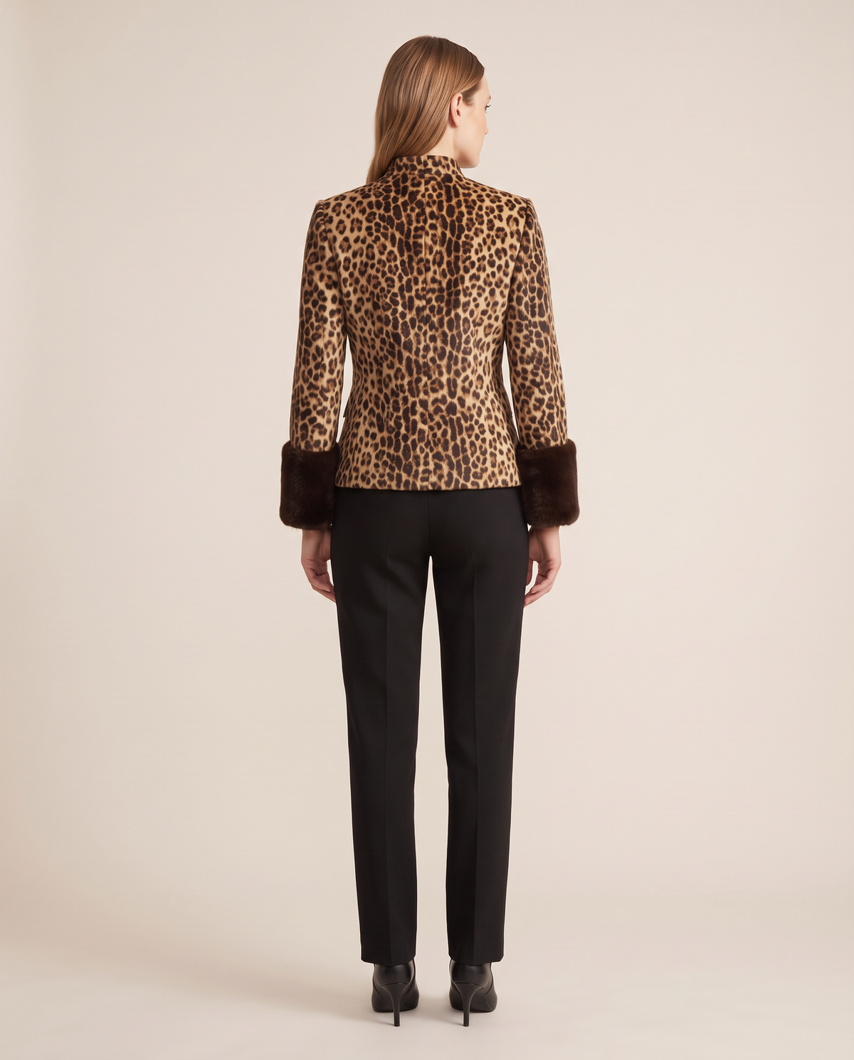Women's Leopard Print Jacket with Faux Fur Cuffs — studio back