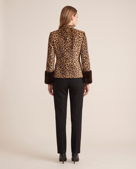 Women's Leopard Print Jacket with Faux Fur Cuffs — studio back