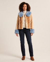 Women's Cropped Fawn Print Faux Fur Jacket with Blue Collar — studio front