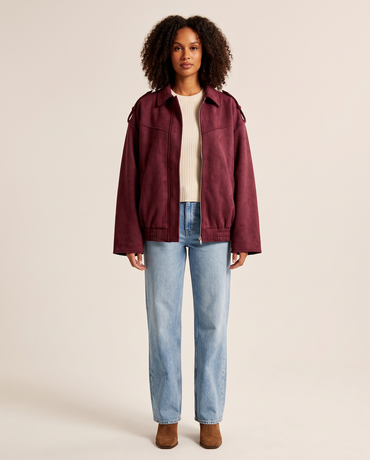 Women's Oversized Cropped Faux Suede Jacket in burgundy — studio front