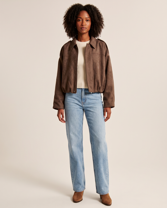 Women's Oversized Cropped Faux Suede Jacket in brown — studio front