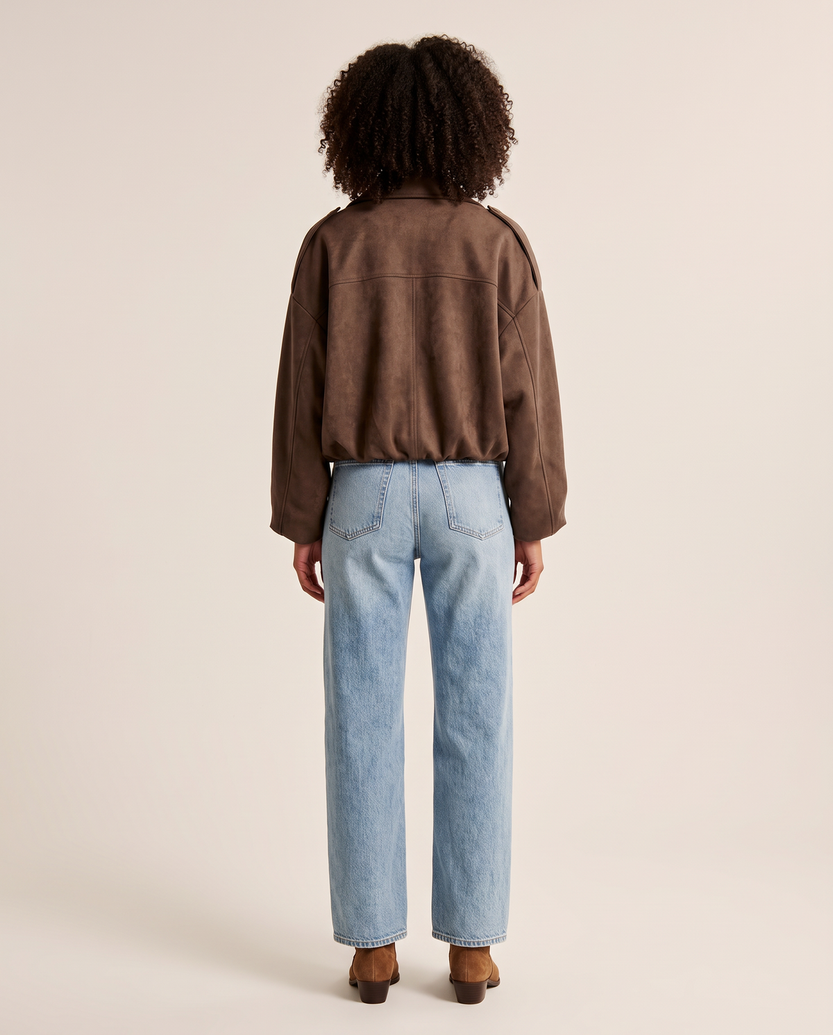 Women's Oversized Cropped Faux Suede Jacket in brown — studio back view