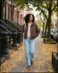 Women's Oversized Cropped Faux Suede Jacket in brown worn on a New York brownstone street in autumn