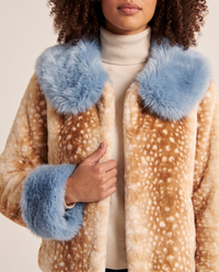 Women's Cropped Fawn Print Faux Fur Jacket with Blue Collar — faux fur texture, blue collar and cuff detail