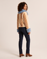 Women's Cropped Fawn Print Faux Fur Jacket with Blue Collar — three-quarter back view