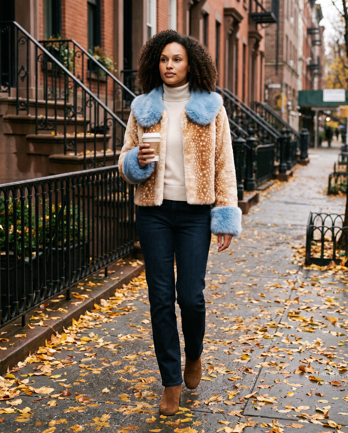 Women's Cropped Fawn Print Faux Fur Jacket with Blue Collar — worn on a West Village brownstone street in late autumn with coffee