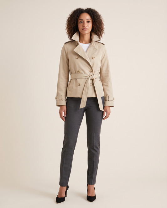 Women's cropped double-breasted trench jacket with belt in beige, studio front