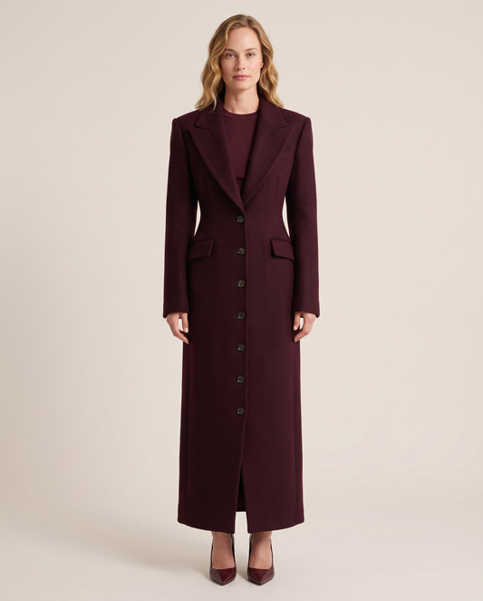 Women's tailored longline wool coat in burgundy, studio front