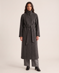 Women's belted maxi wool coat with stand collar in dark grey, studio front