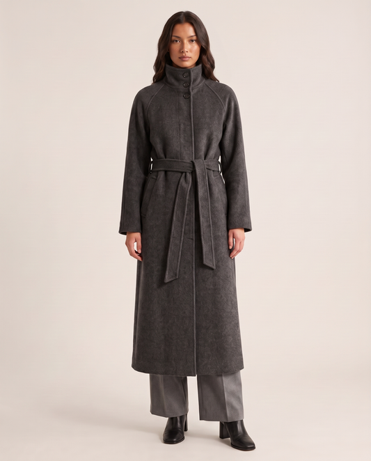 Women's belted maxi wool coat with stand collar in dark grey, studio front