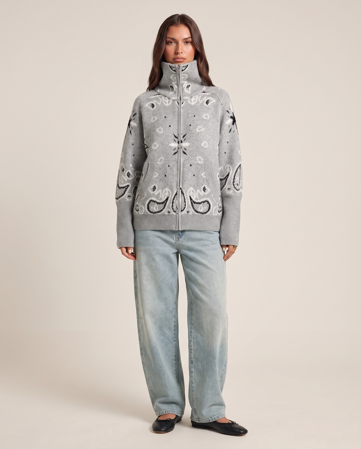 Women's paisley zip-up cardigan with funnel neck in light grey, studio front