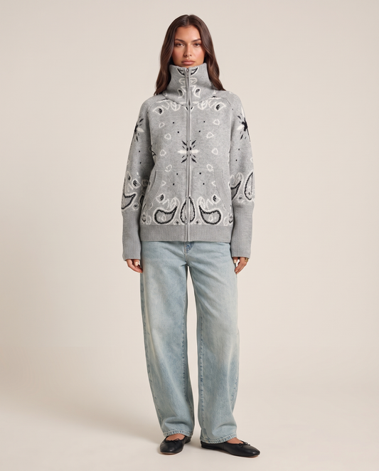 Women's paisley zip-up cardigan with funnel neck in light grey, studio front