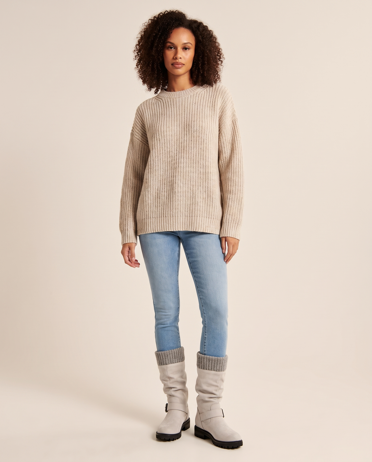 Women's slouch mid-calf boots with knit cuff in grey faux suede, studio front