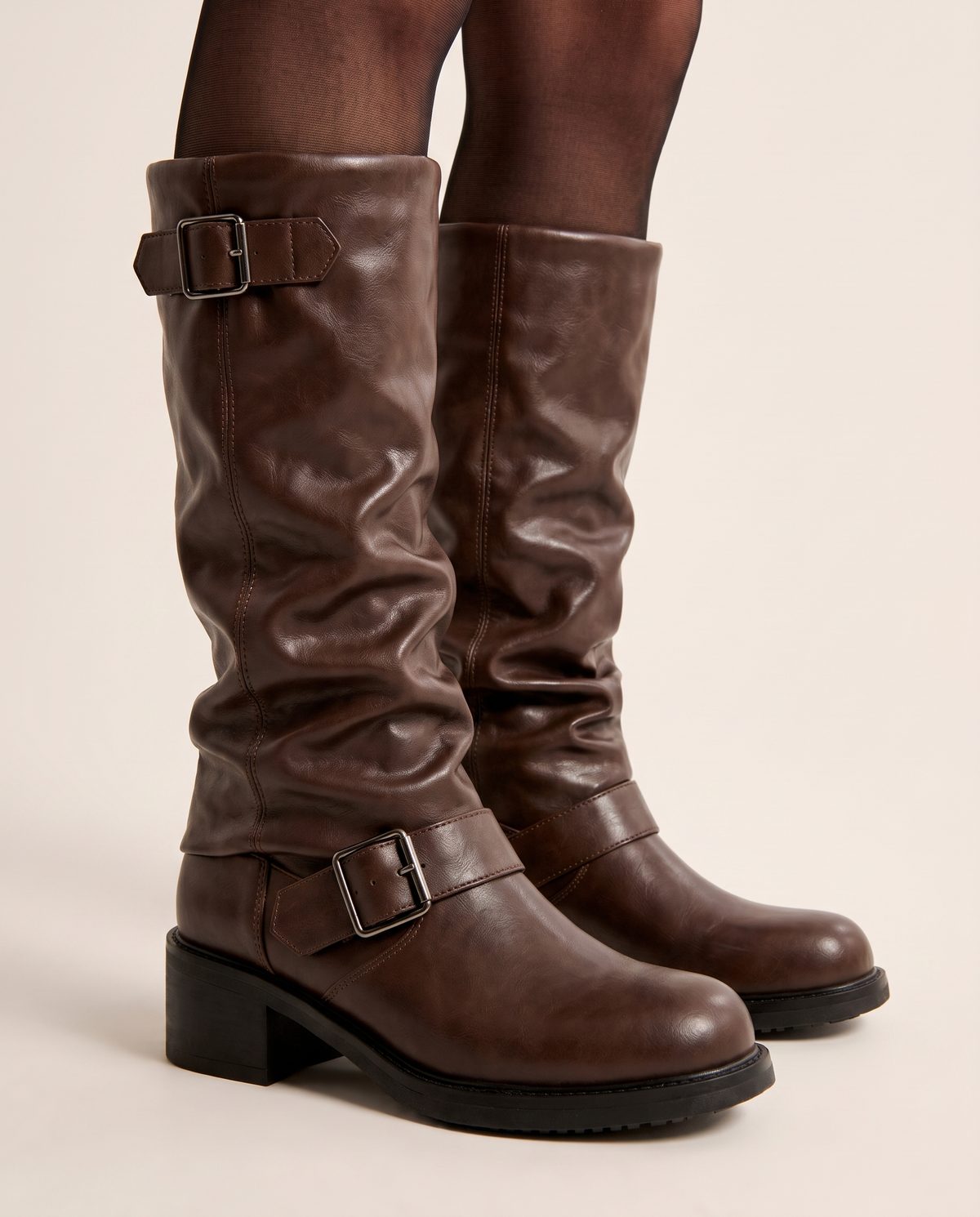 Knee high biker boots buckle and block heel detail