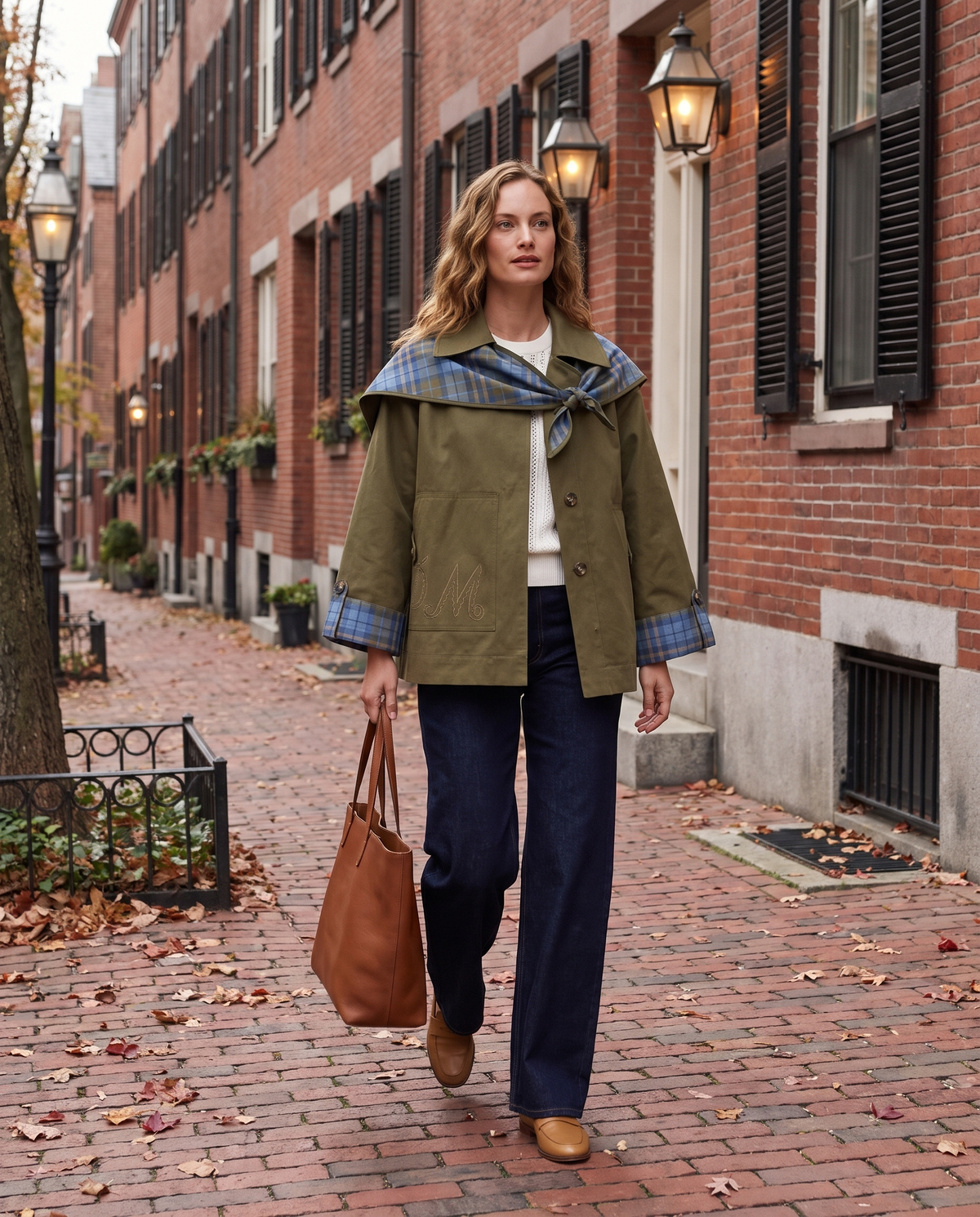 Short trench coat for women worn on a Boston Beacon Hill street in fall