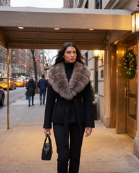 Faux fur collar wool coat for women worn on an Upper East Side street in winter